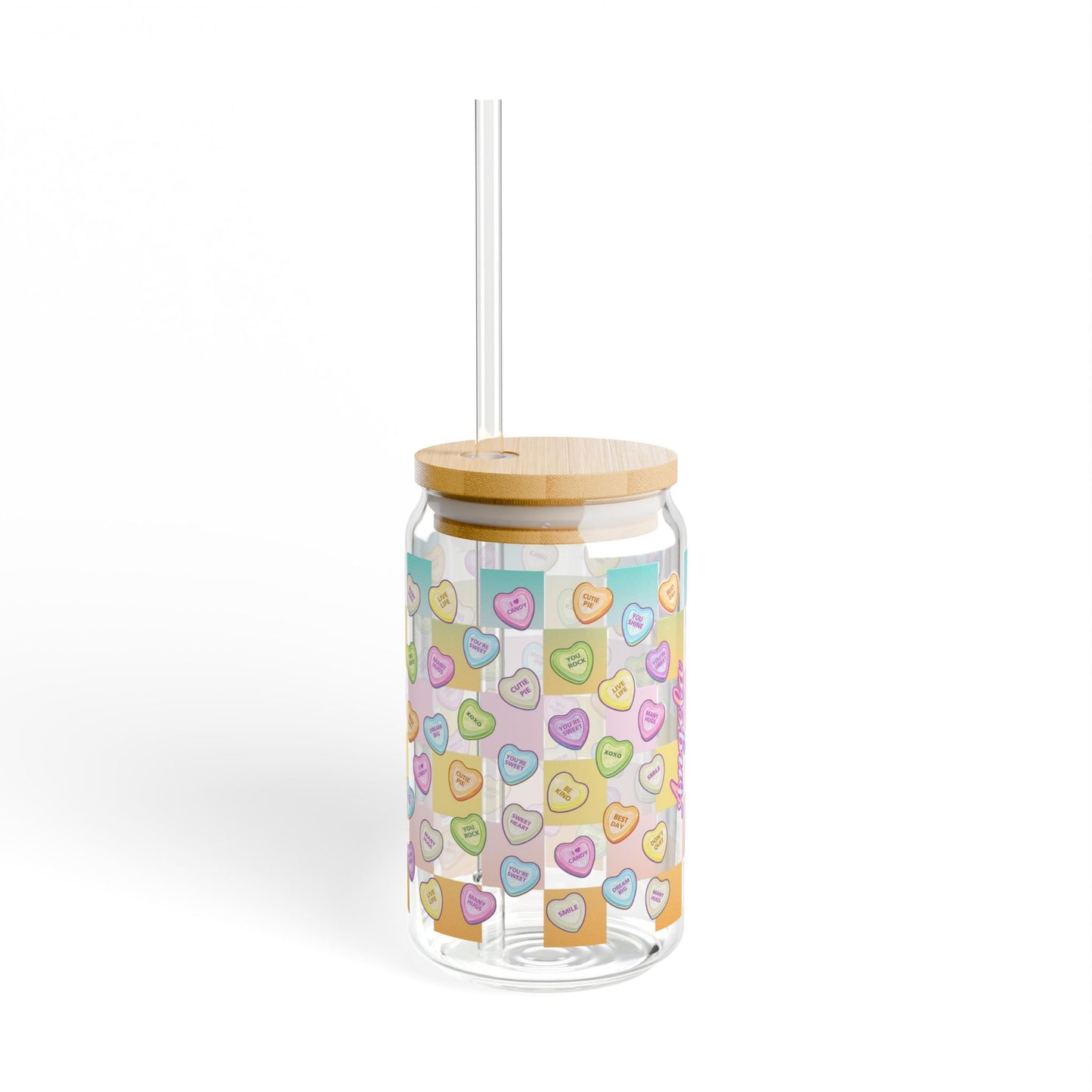 Custom Name Conversation Hearts Glass Coffee or Tea Tumber!