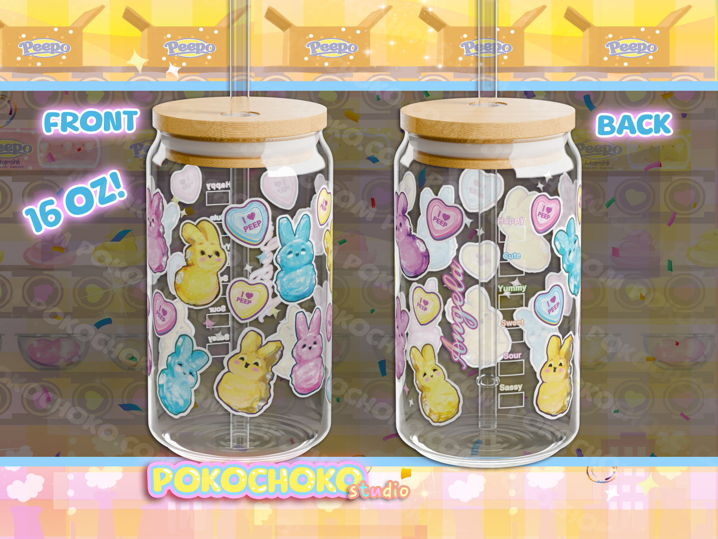 Custom Name Marshmallow Bunny Glass Coffee or Tea Tumber! 16oz with Lid and Straw