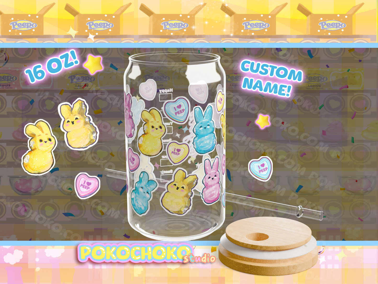 Custom Name Marshmallow Bunny Glass Coffee or Tea Tumber! 16oz with Lid and Straw