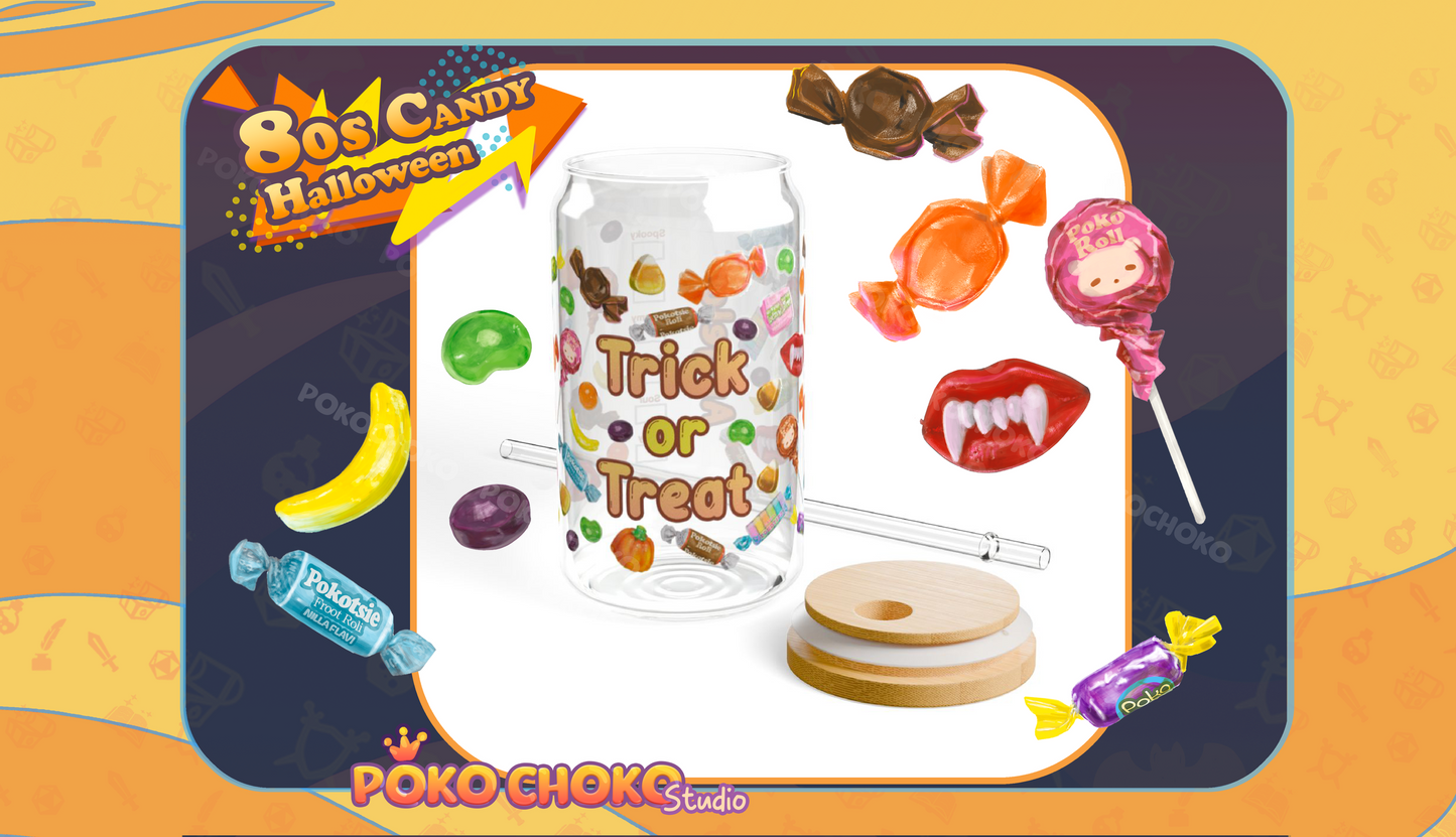 80s Halloween Candy CUSTOM Name Glass Coffee Can with Lid and Straw