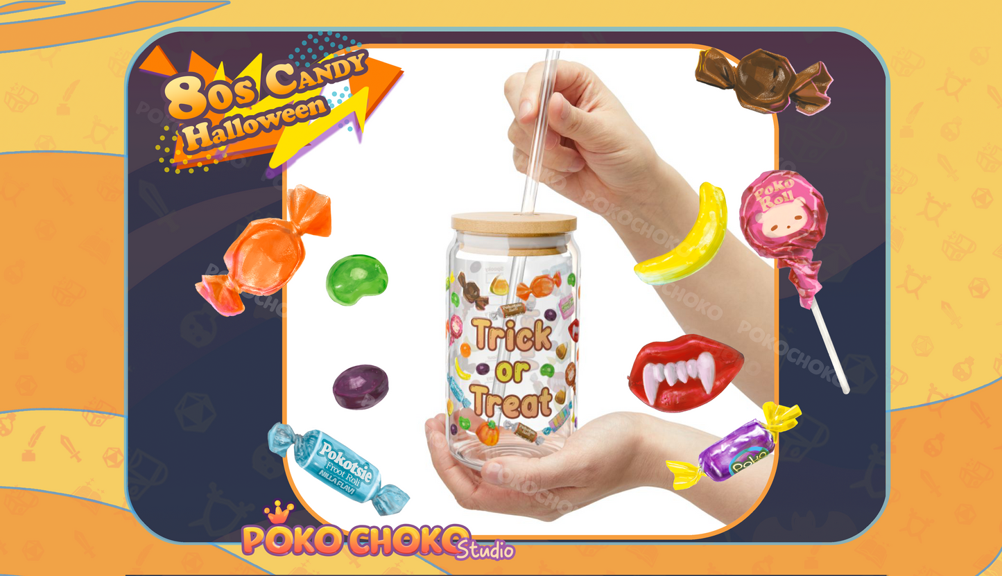 80s Halloween Candy CUSTOM Name Glass Coffee Can with Lid and Straw