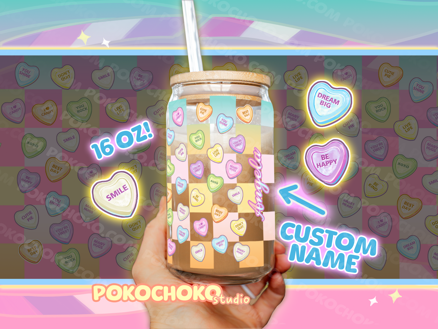 Custom Name Conversation Hearts Glass Coffee or Tea Tumber!