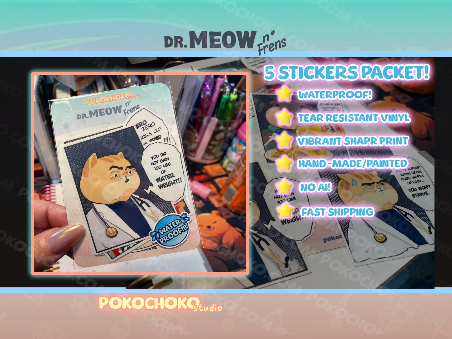 Dr. Meow Sticker Pack 5 Piece Waterproof