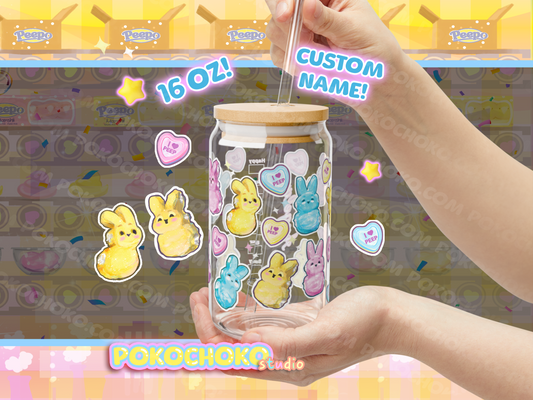 Custom Name Marshmallow Bunny Glass Coffee or Tea Tumber! 16oz with Lid and Straw